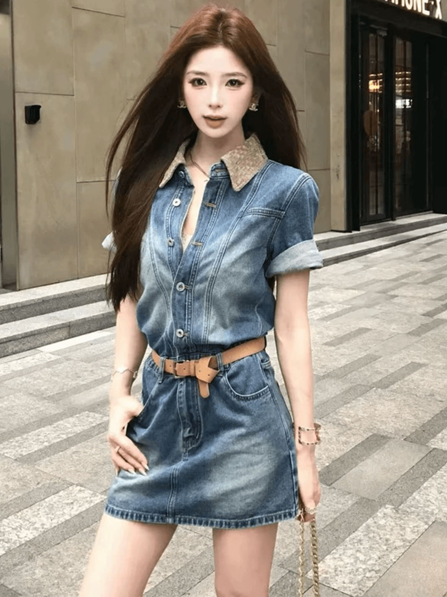 레트로 항구 바람 편집 폴로 칼라 데님 여성 드레스 2026 여름 새로운 패션 품격 슬림해 보이는 셔츠 미니 스커트