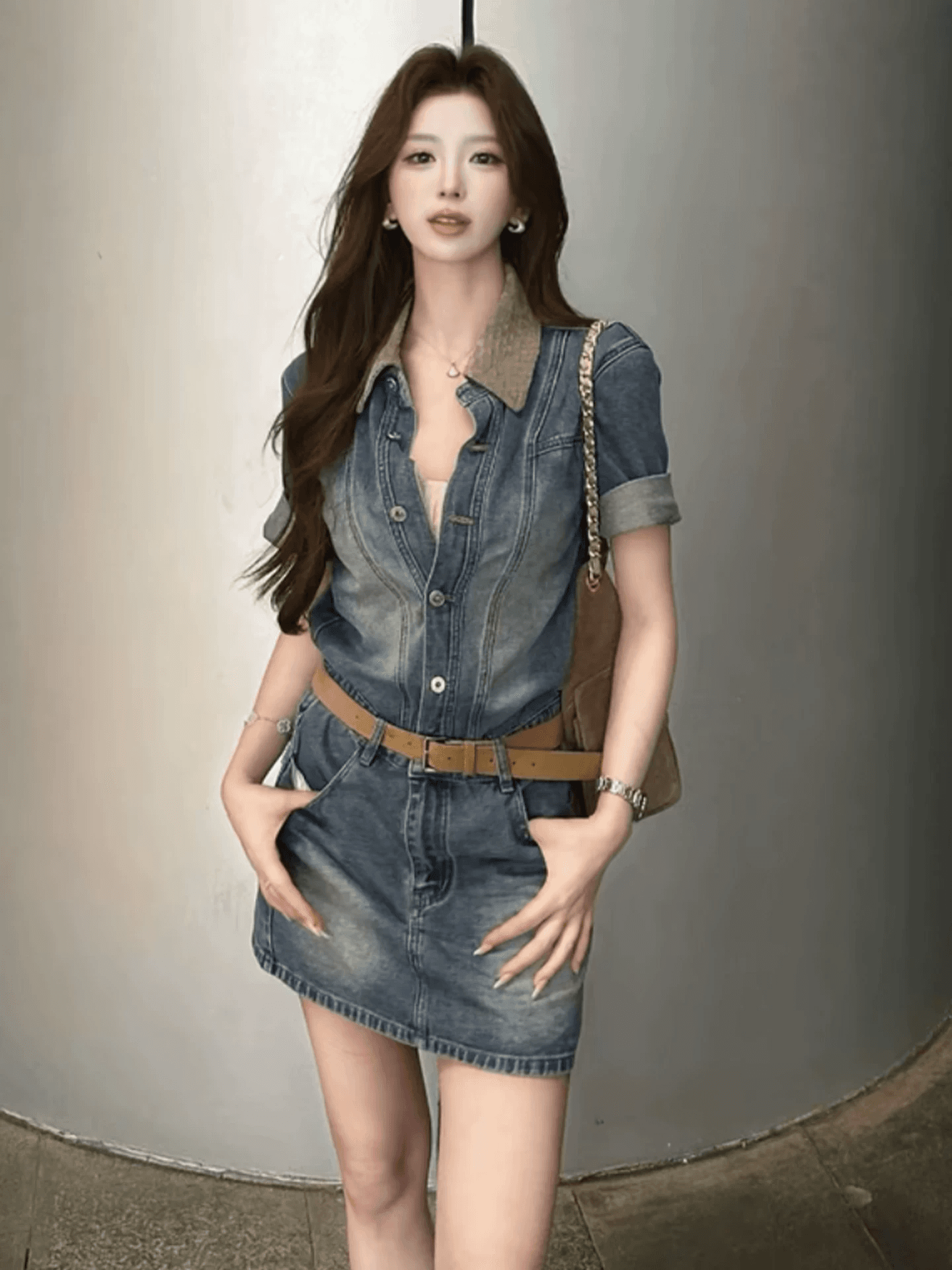 레트로 항구 바람 편집 폴로 칼라 데님 여성 드레스 2026 여름 새로운 패션 품격 슬림해 보이는 셔츠 미니 스커트 이미지 4