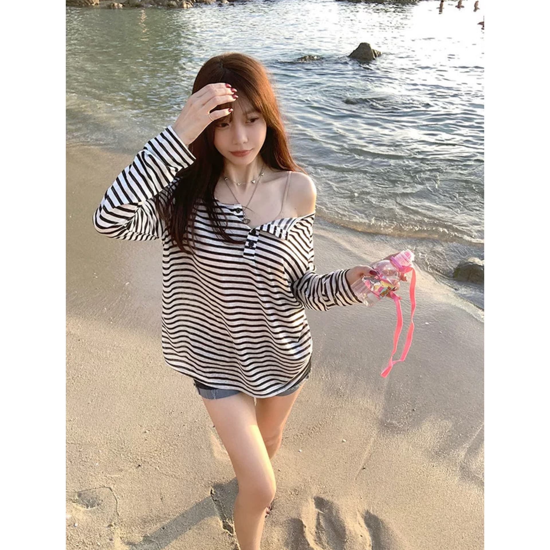 im ~까지 빛 산소 스트라이프 느긋한 거친 가장자리 양면 착용 스트라이프 티셔츠 여성 라운드 넥 루즈핏 캐주얼 긴팔 맨위 이미지 5