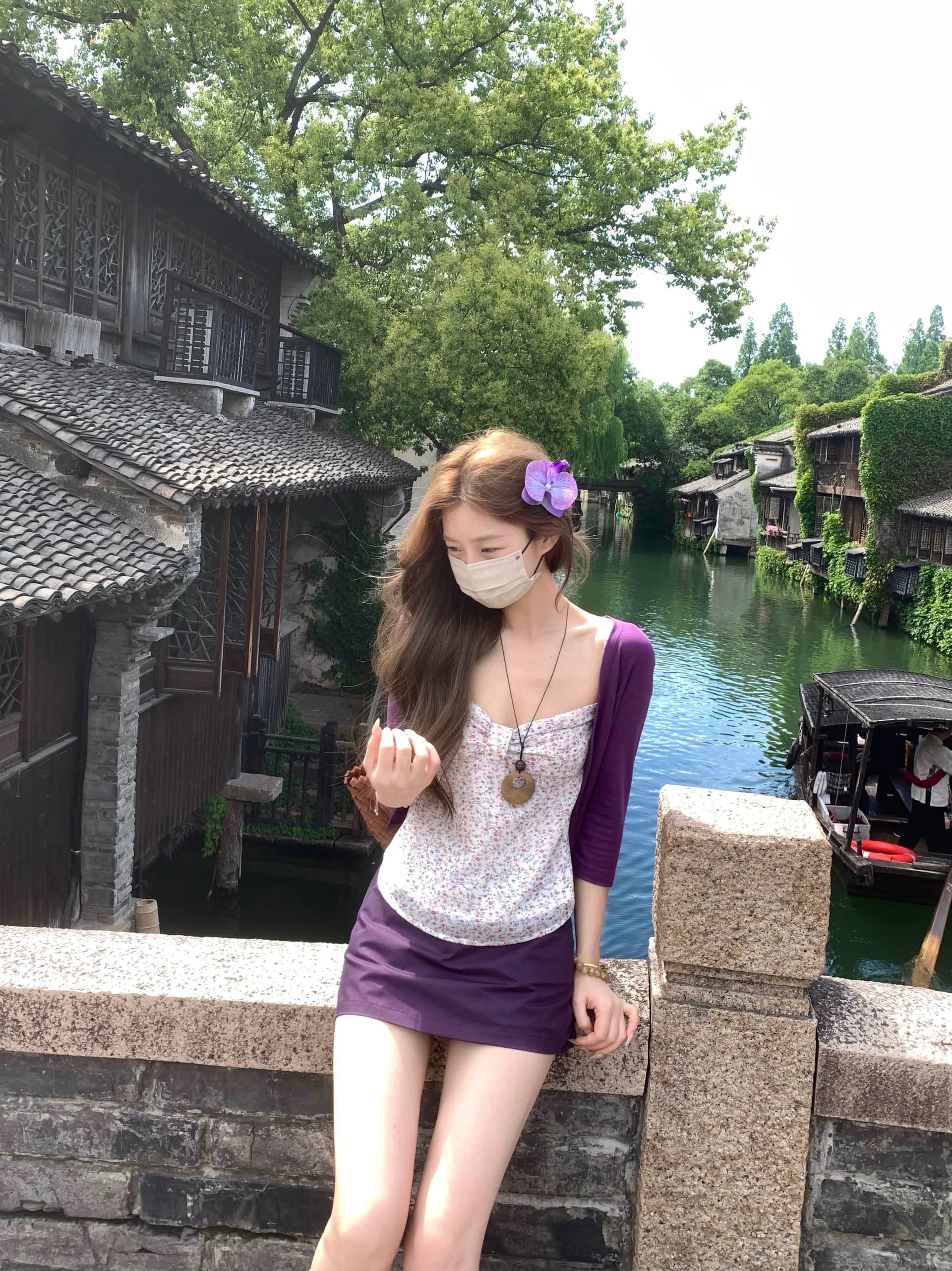 xxiiuu 보라색 조정 꽃 그림자 프랑스식 꽃무늬 주름 허리 수축 캐미솔 여름 다용도 몸매 가꾸기 맨위 이미지 2
