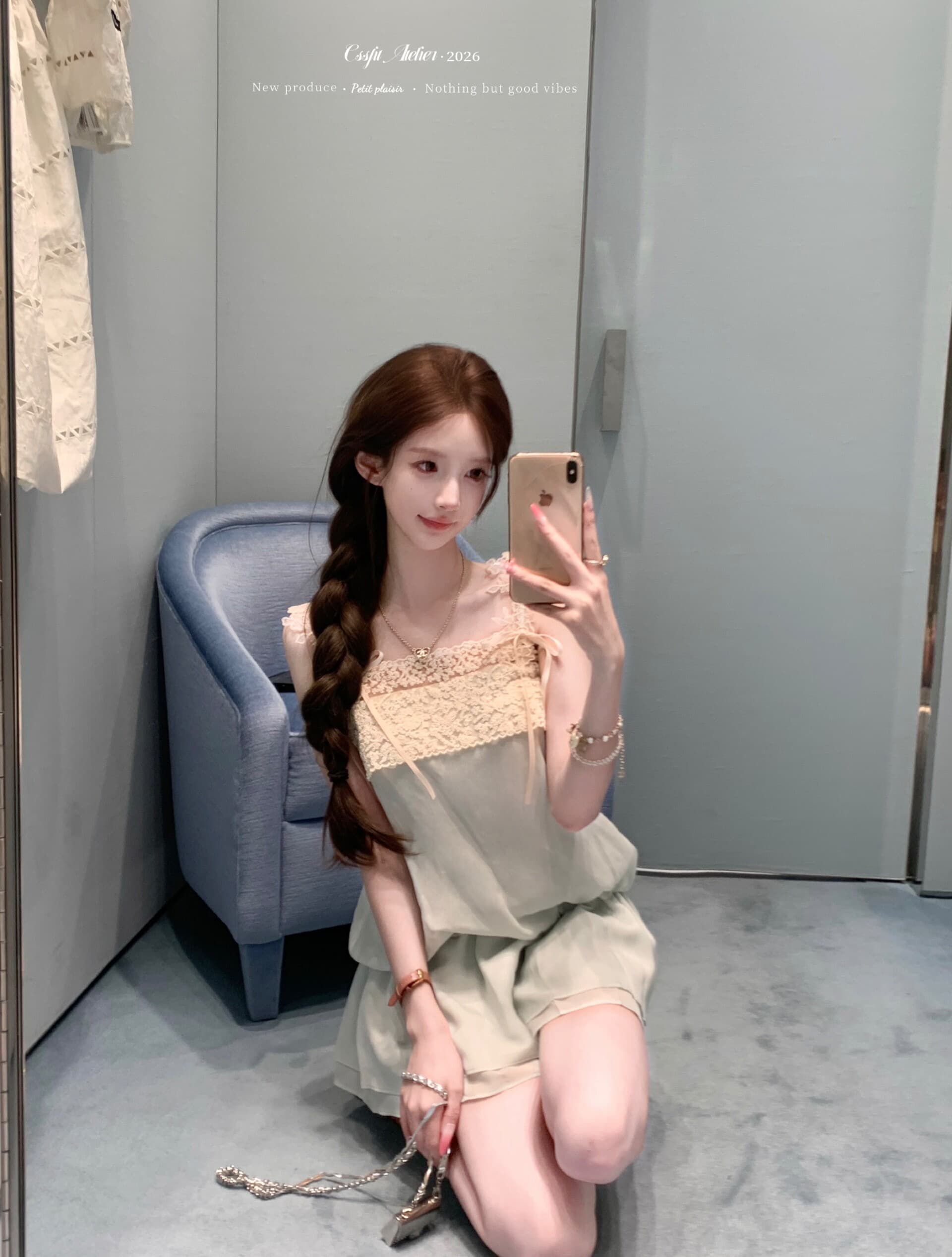 늦게 우산 우산 26 ss 업그레이드 된 버전 작은 여자 레이스 슬립 녹색 허리 수축 투피스 세트 100 모달 드레스 이미지 2