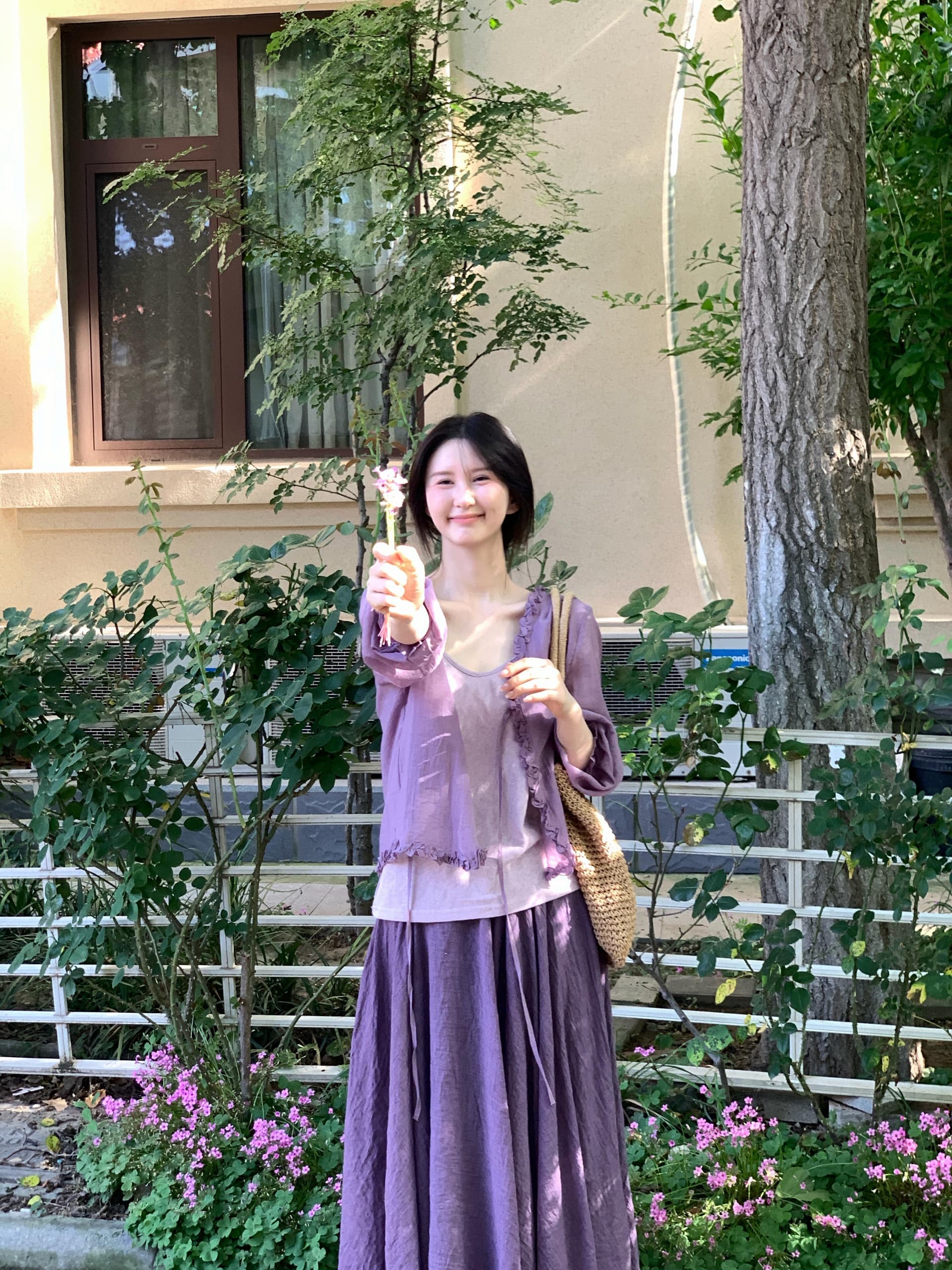 2026 여름 보라색 부드러운 달콤함 레이스 자외선 차단 오픈 가디건 슬립 루즈핏 큰 진자 반신 스커트 세 조각 여성 세트 이미지 2