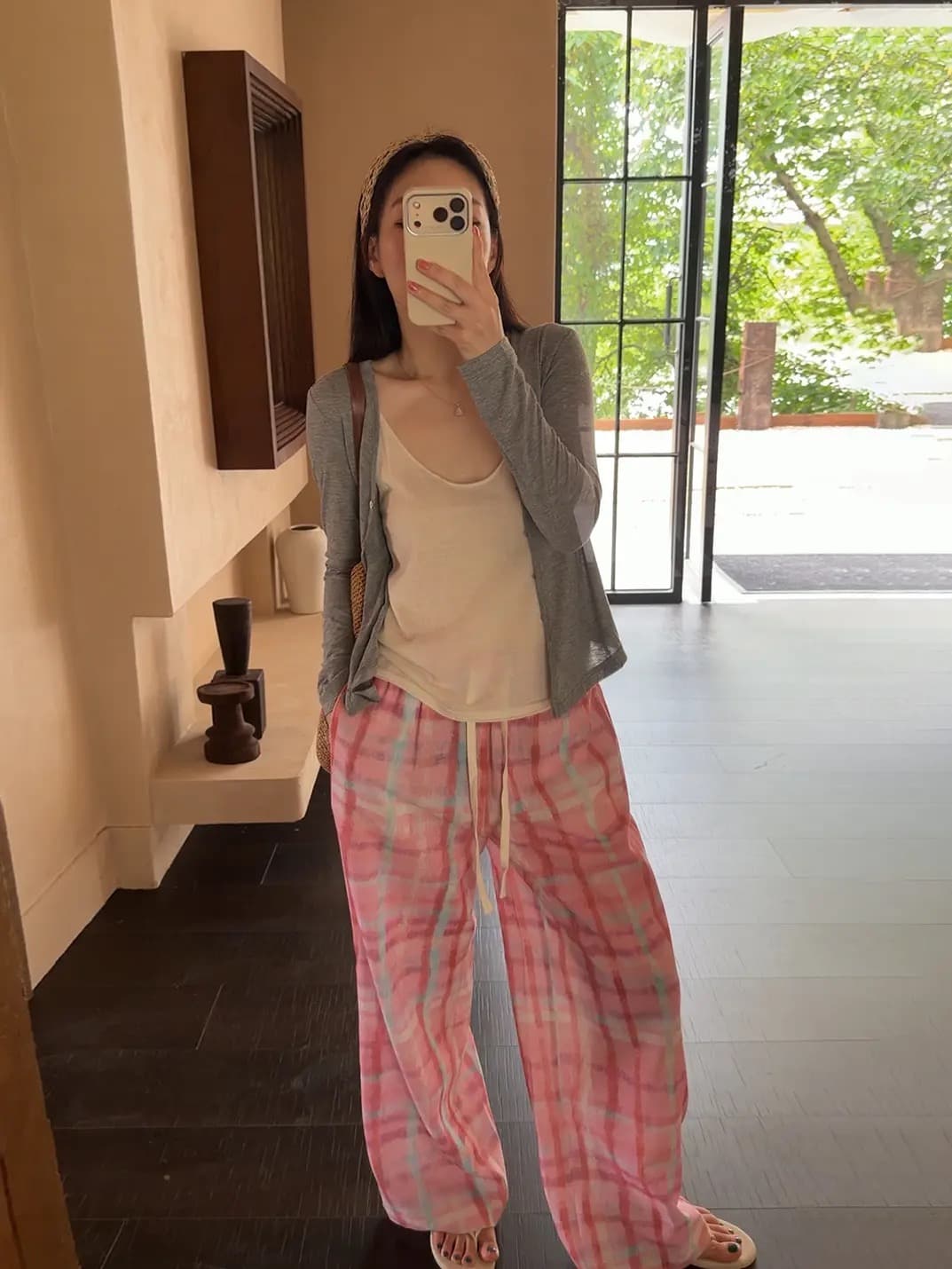 rosy bow 느긋한 바람 싸움 토너 체크무늬 와이드 레깅스 바지 여름 새로운 루즈핏 다용도 체크무늬 캐주얼 긴 바지 이미지 3