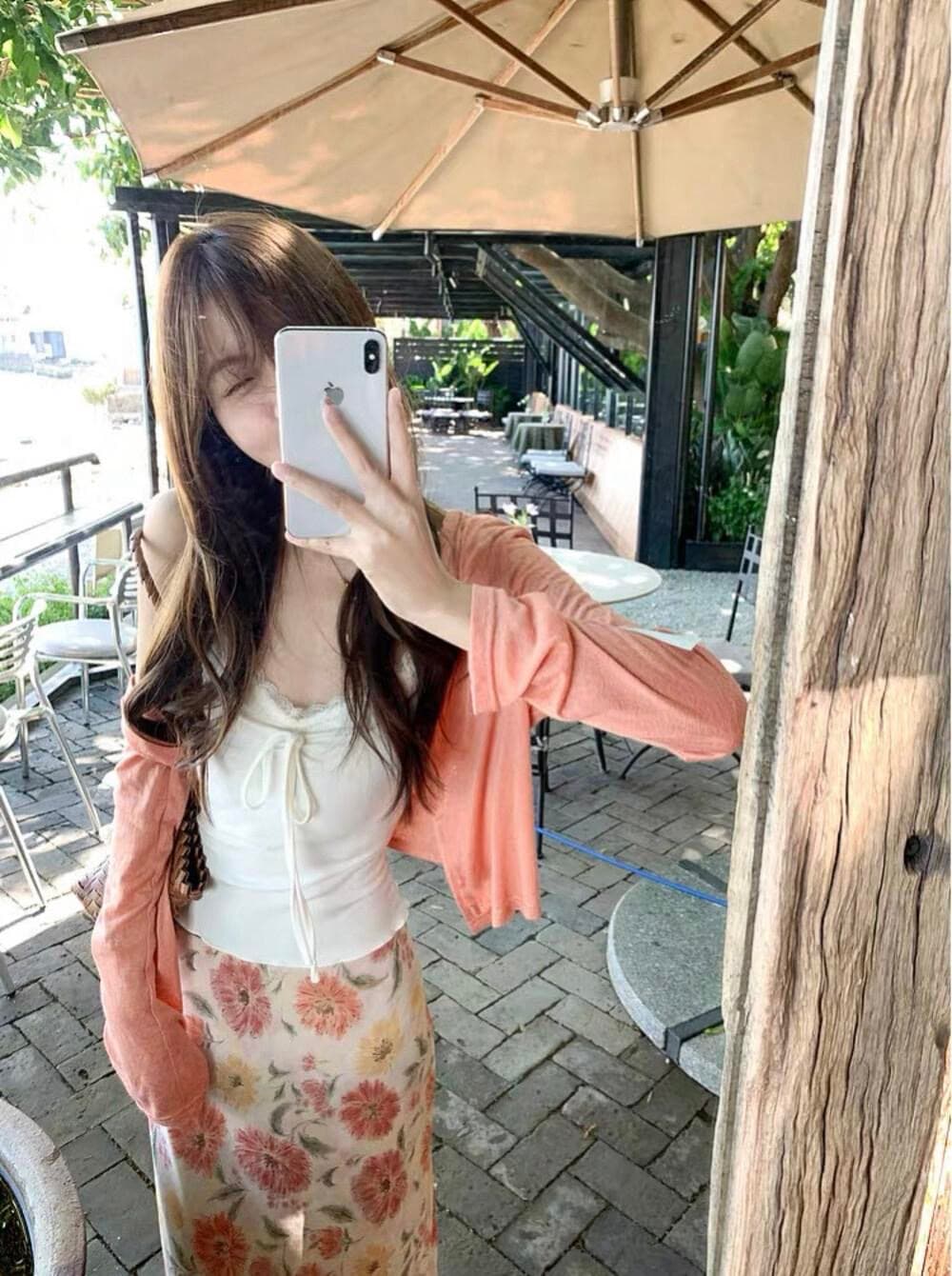 부드러운 바람 꽃무늬 반신 스커트 주황색 자외선 차단 오픈 가디건 레이스 캐미솔 3종 세트 여름 외국 가스 세트 이미지 3
