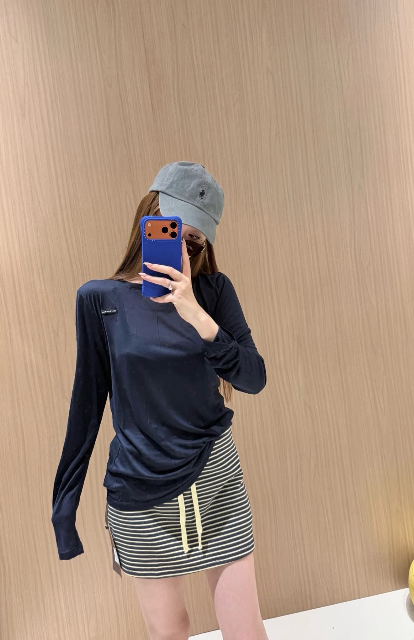 한 부서 해군 주름 허리 수축 긴팔 티셔츠 스트라이프 반신 미니 스커트 세트 이른 가을 슬림해 보이는 캐주얼 투피스 세트 이미지 4