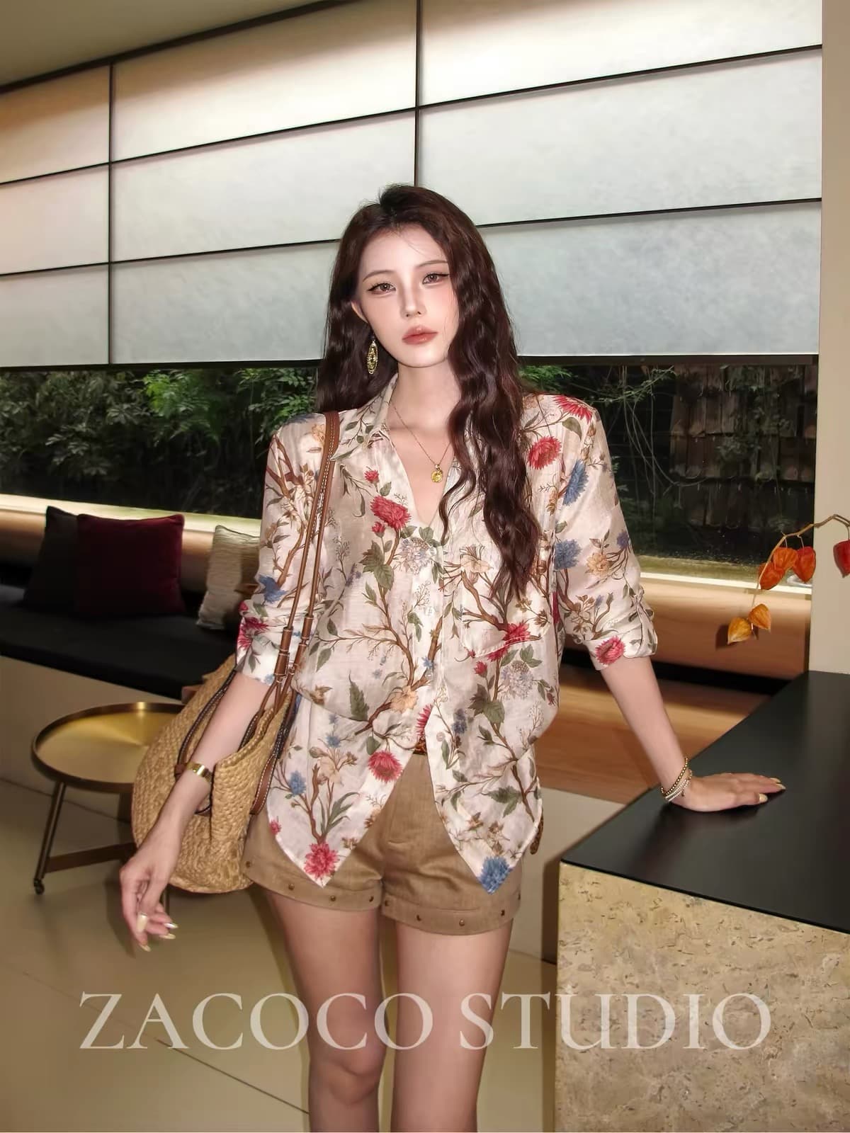 zacoco 늦은 봄 지점 여름 새로운 휴가 바람 프린트 연령 감소 슬림해 보이는 다용도 셔츠 이미지 2