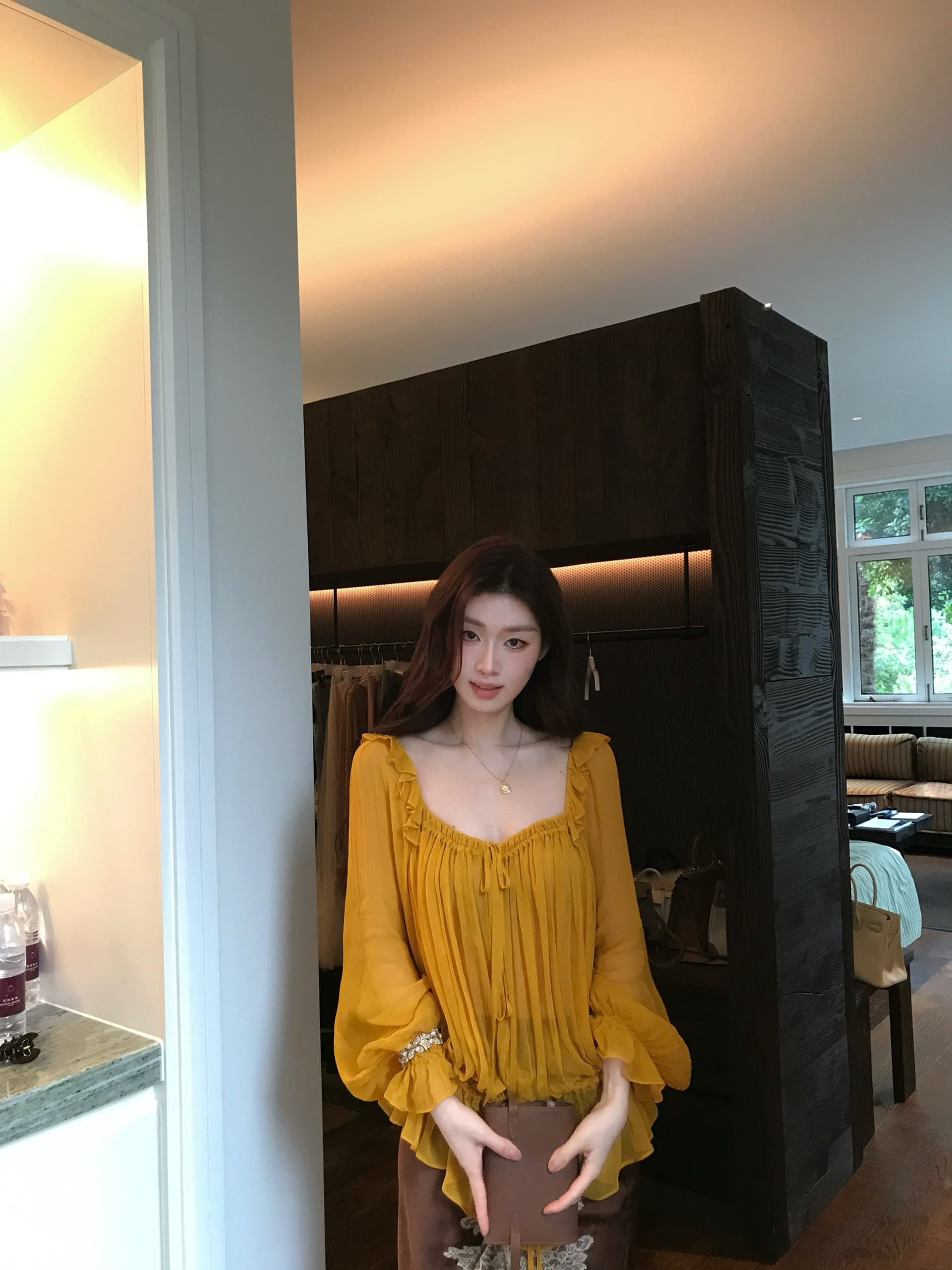 sya 크 사이 작은 웨스트 프랑스식 질감 레이스업 맨위 이른 가을 여성 프릴 광장 칼라 부서 사람들을 데려 오라. 실크 긴팔 블라우스 이미지 2