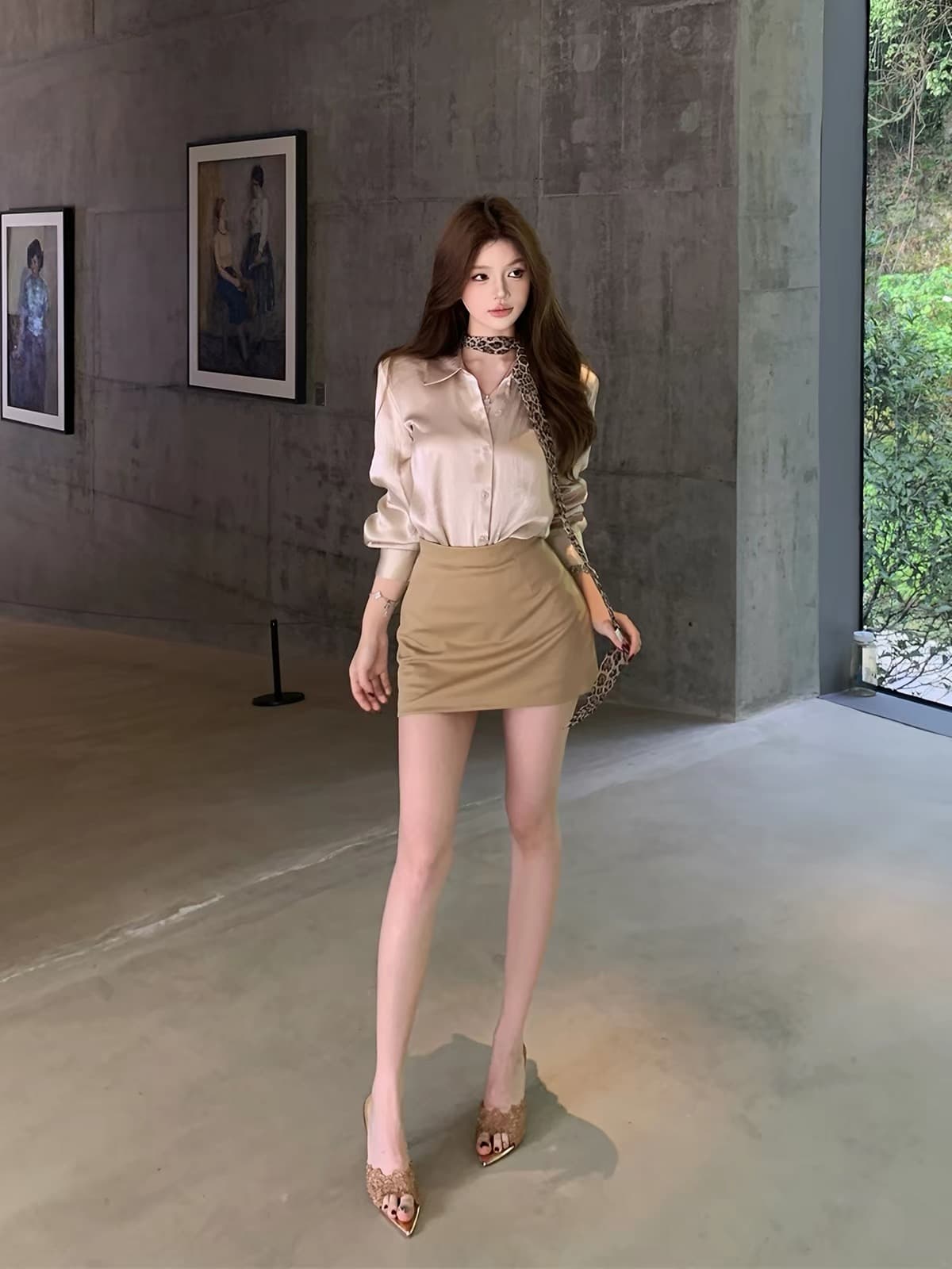 품격 명문 여성 순수한 욕망 바람 샴페인 셔츠 경기 레오파드 무늬 스카프 하이웨이스트 타이트 스커트 반신 스커트 투피스 슈트 여성 이미지 3