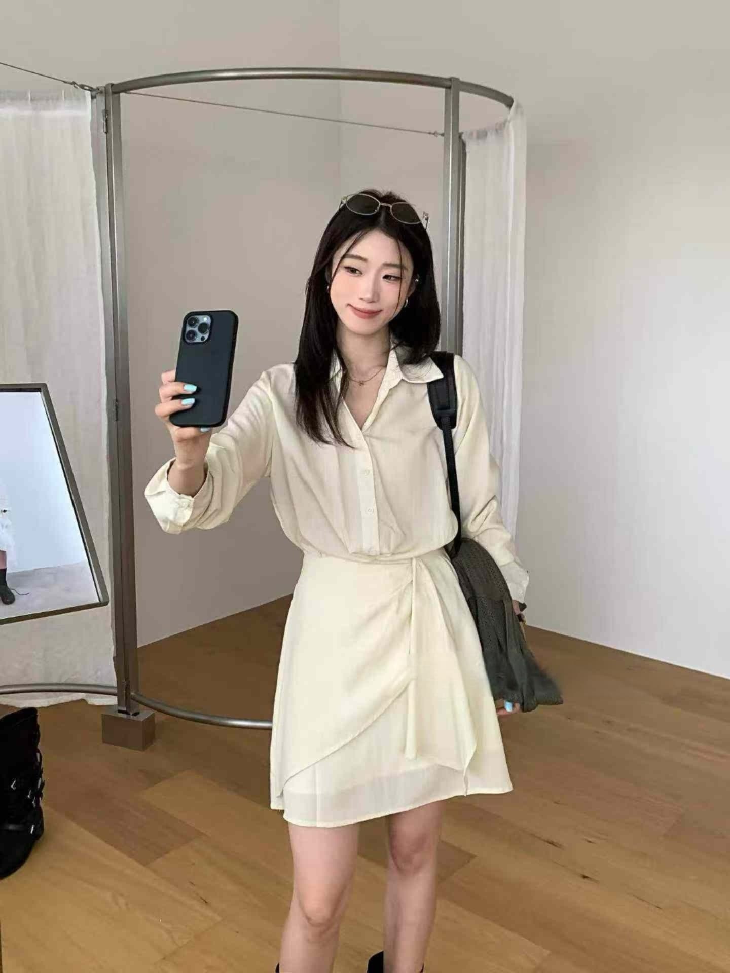 2026 가을 새로운 폴로 칼라 긴팔 셔츠 여성 드레스 고급 센스 허리 수축 슬림해 보이는 출퇴근 다용도 짧은 치마 이미지 2