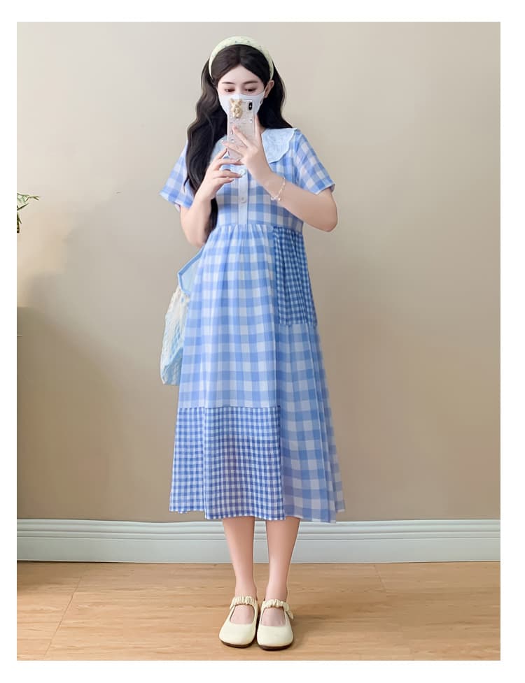 실사 임산부 디자인 센스 베이비 칼라 루즈핏 쉬폰 스커트 여름 새로운 달콤함 연령 감소 부드러운 체크무늬 드레스 상세 이미지 17