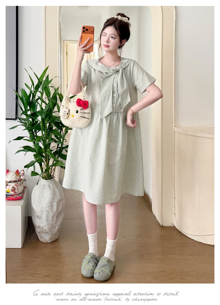실사 임산부 일본식 레트로 캐주얼 다용도 신선함 소녀 센스 체크무늬 베이비 칼라 드레스 출산 착용 상세 이미지 10