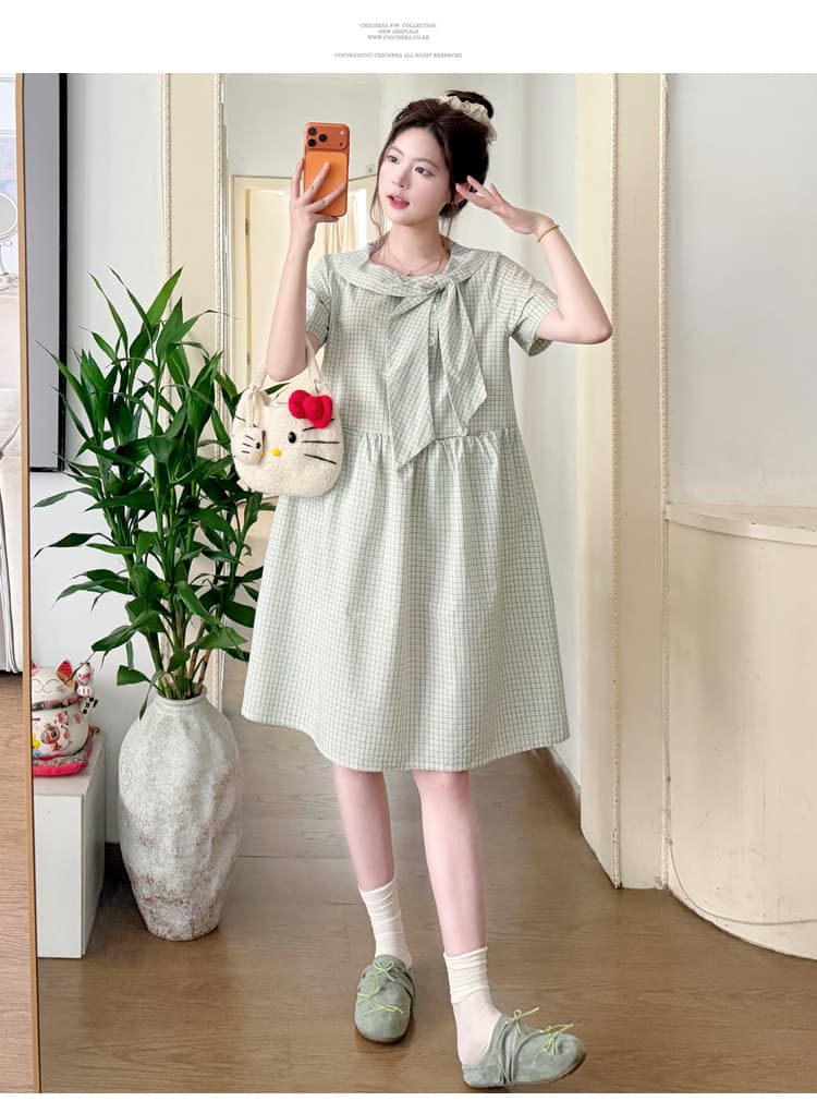 실사 임산부 일본식 레트로 캐주얼 다용도 신선함 소녀 센스 체크무늬 베이비 칼라 드레스 출산 착용 상세 이미지 14