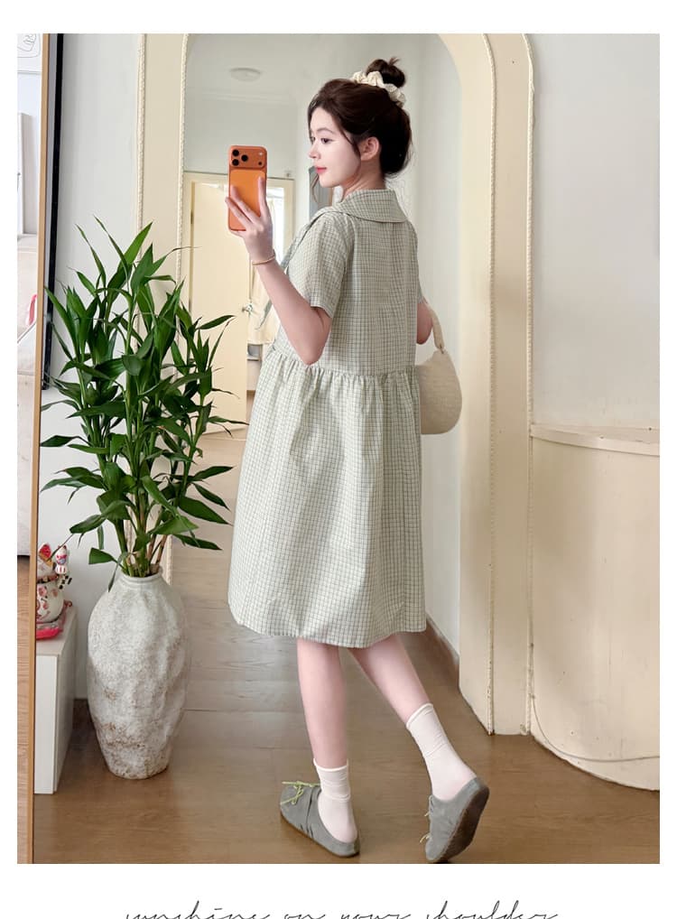 실사 임산부 일본식 레트로 캐주얼 다용도 신선함 소녀 센스 체크무늬 베이비 칼라 드레스 출산 착용 상세 이미지 17