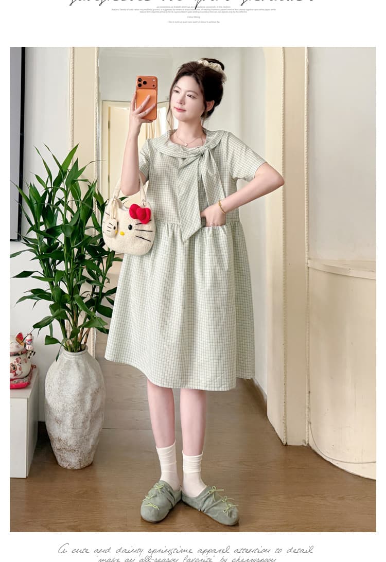 실사 임산부 일본식 레트로 캐주얼 다용도 신선함 소녀 센스 체크무늬 베이비 칼라 드레스 출산 착용 상세 이미지 18