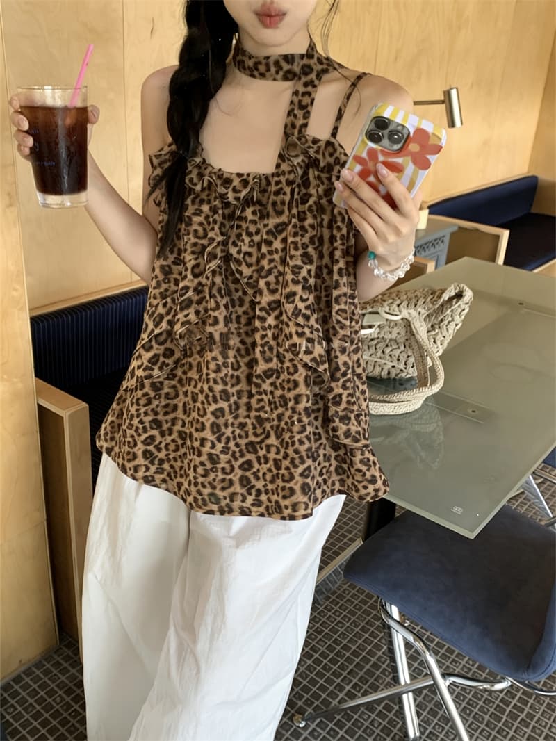 실사 레오파드 무늬 캐미솔 여름 디자인 센스 작은 대중 루즈핏 외출용 Chic 핫걸 슬림해 보이는 맨위 상세 이미지 4