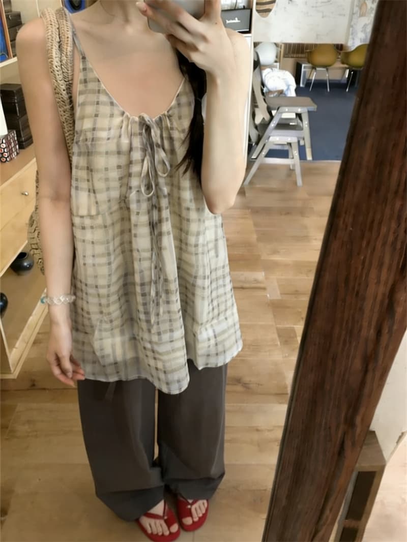 실사 한 부서 달콤함 신선함 체크무늬 캐미솔 여성 외출용 상세 이미지 1