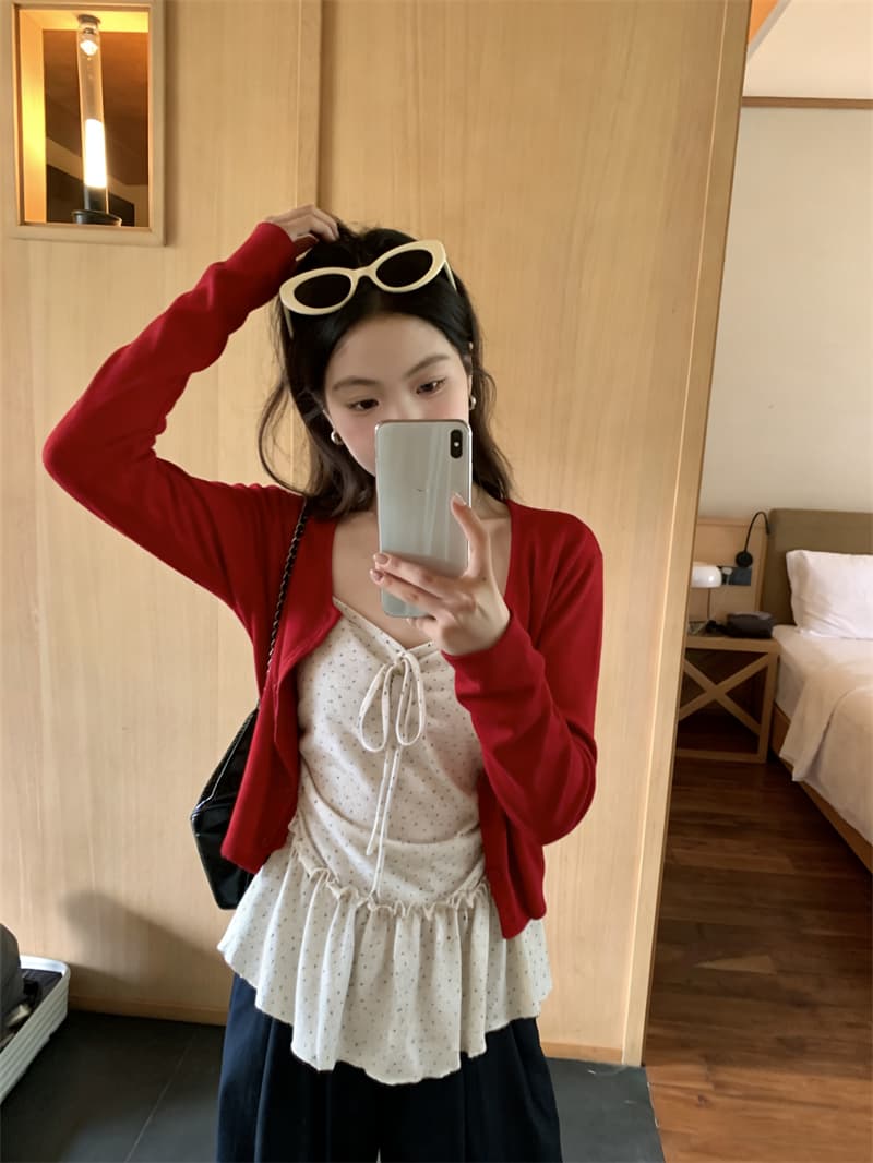 실사 봄 여름 새로운 달콤함 꽃무늬 캐미솔 니트 오픈 가디건 투피스 세트 여성 상세 이미지 1