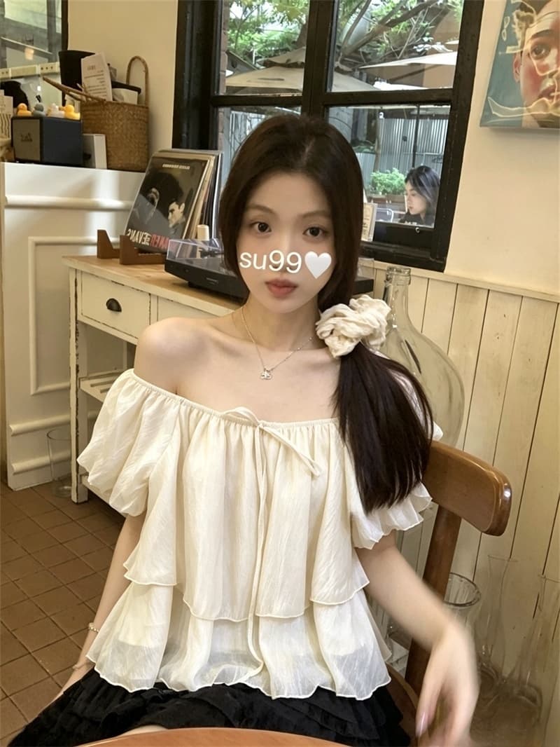 실사 쉬폰 여성 여름 새로운 디자인 센스 오프숄더 거품 소매 작은 대중 패션 맨위 상세 이미지 2