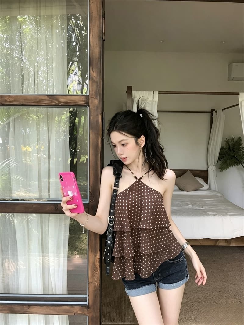 실사 여름 필수 디자인 센스 행침 목 도트 무늬 쉬폰 조끼 여성 슬림해 보이는 이미지 2