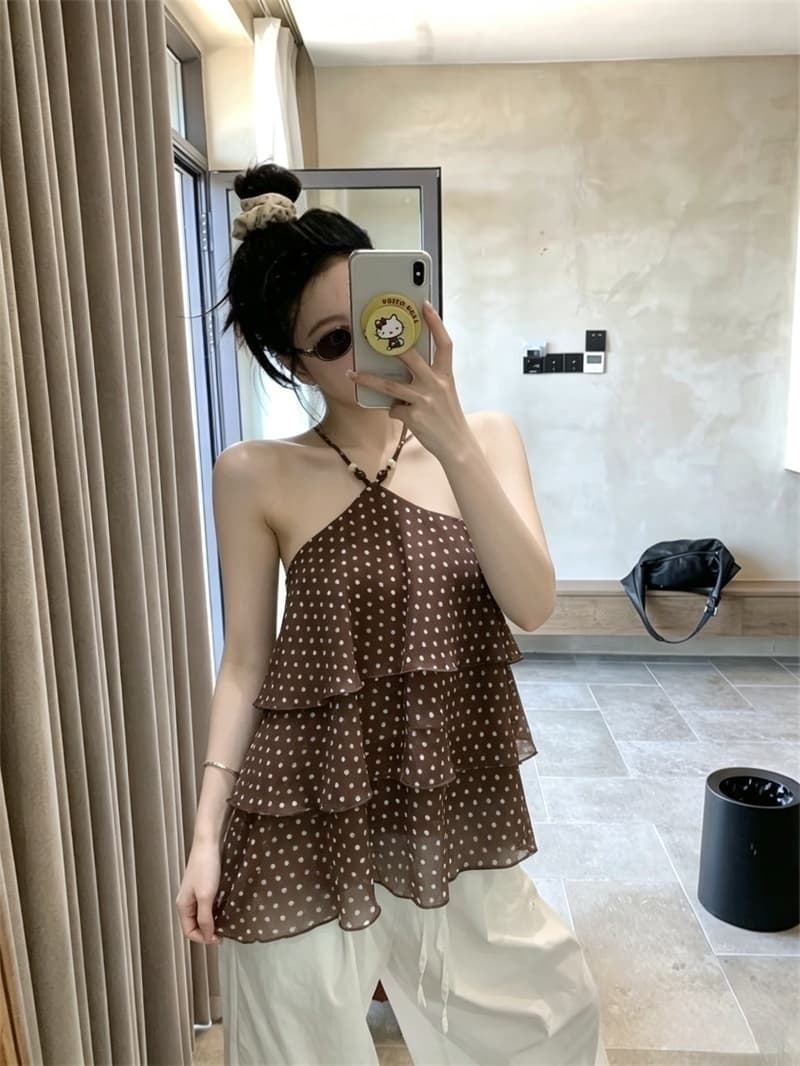 실사 여름 필수 디자인 센스 행침 목 도트 무늬 쉬폰 조끼 여성 슬림해 보이는 상세 이미지 2
