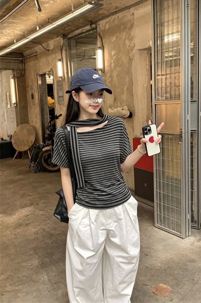 실사 여름 새로운 기초 섹션 디자인 센스 스트랩 오프숄더 반팔 티셔츠 여성 이미지 6
