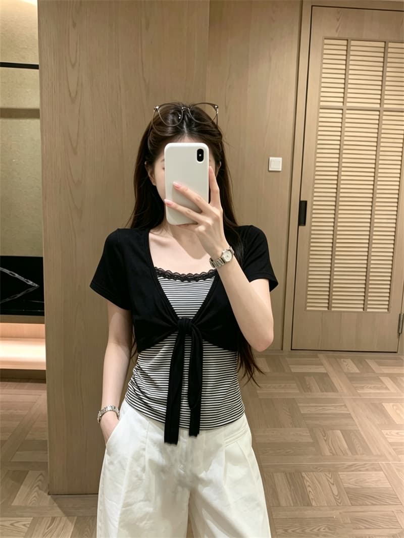 실사 한국 스타일 레이스 스트라이프 슬립 반팔 스트랩 티셔츠 여성 여름 새로운 페이크 레이어드 한 부서 착용 가져 가라. 상세 이미지 14