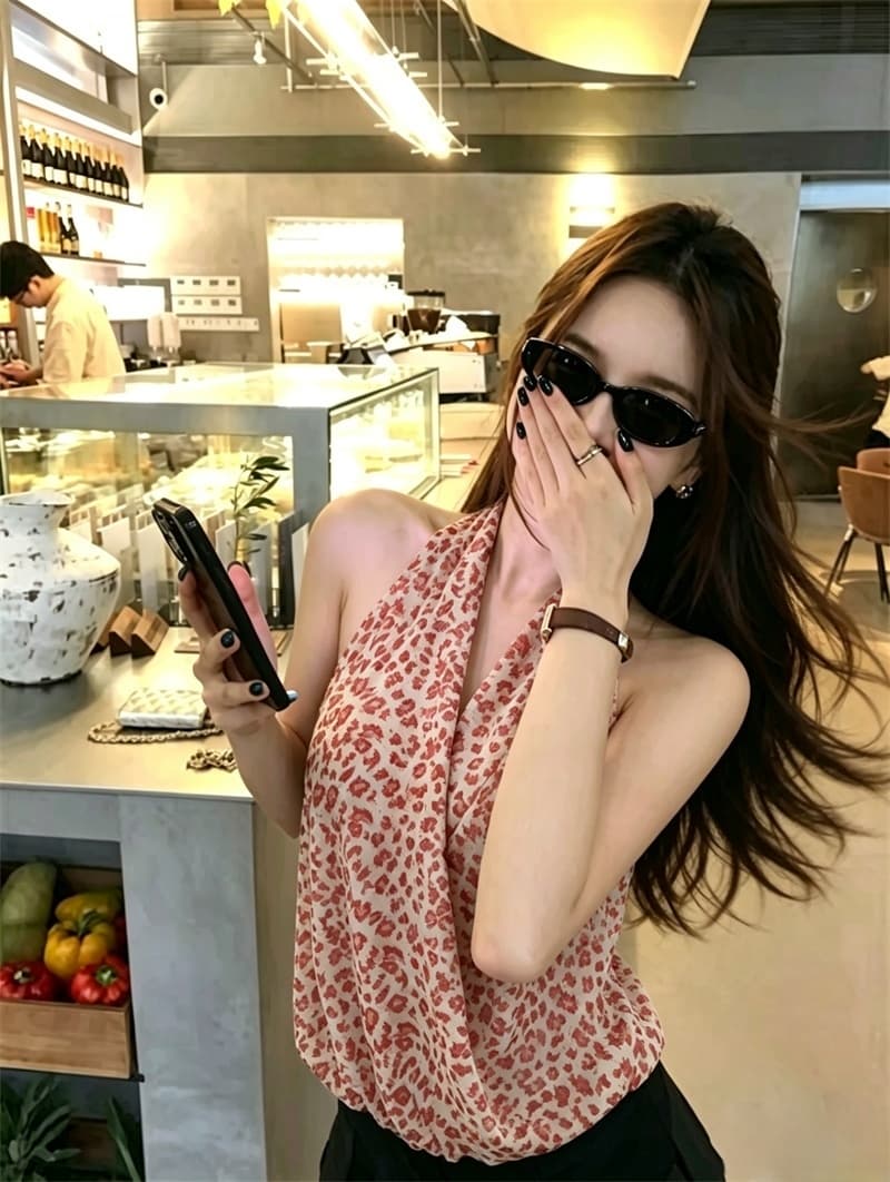 실사 아름다운 레오파드 무늬 V넥 행침 목 작은 슬링 조끼 여름 섹시한 아름다움 뒤로 외출용 핫걸 튜브탑 맨위 상세 이미지 14