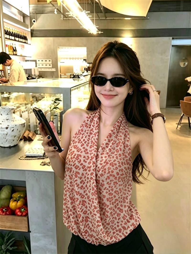 실사 아름다운 레오파드 무늬 V넥 행침 목 작은 슬링 조끼 여름 섹시한 아름다움 뒤로 외출용 핫걸 튜브탑 맨위 상세 이미지 17