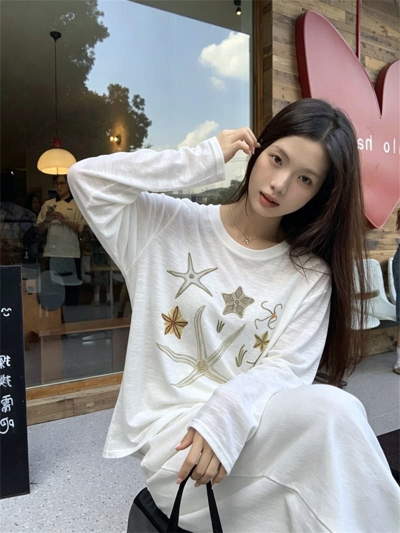실사 여름 새로운 무거운 작업 막대기 훈련 조개 자외선 차단 의류 긴팔 루즈핏 얇고 가벼운 티셔츠 여성 상세 이미지 10