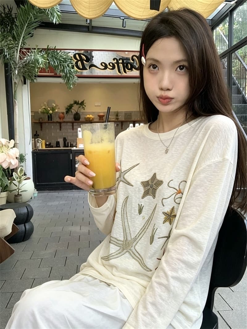 실사 여름 새로운 무거운 작업 막대기 훈련 조개 자외선 차단 의류 긴팔 루즈핏 얇고 가벼운 티셔츠 여성 상세 이미지 17