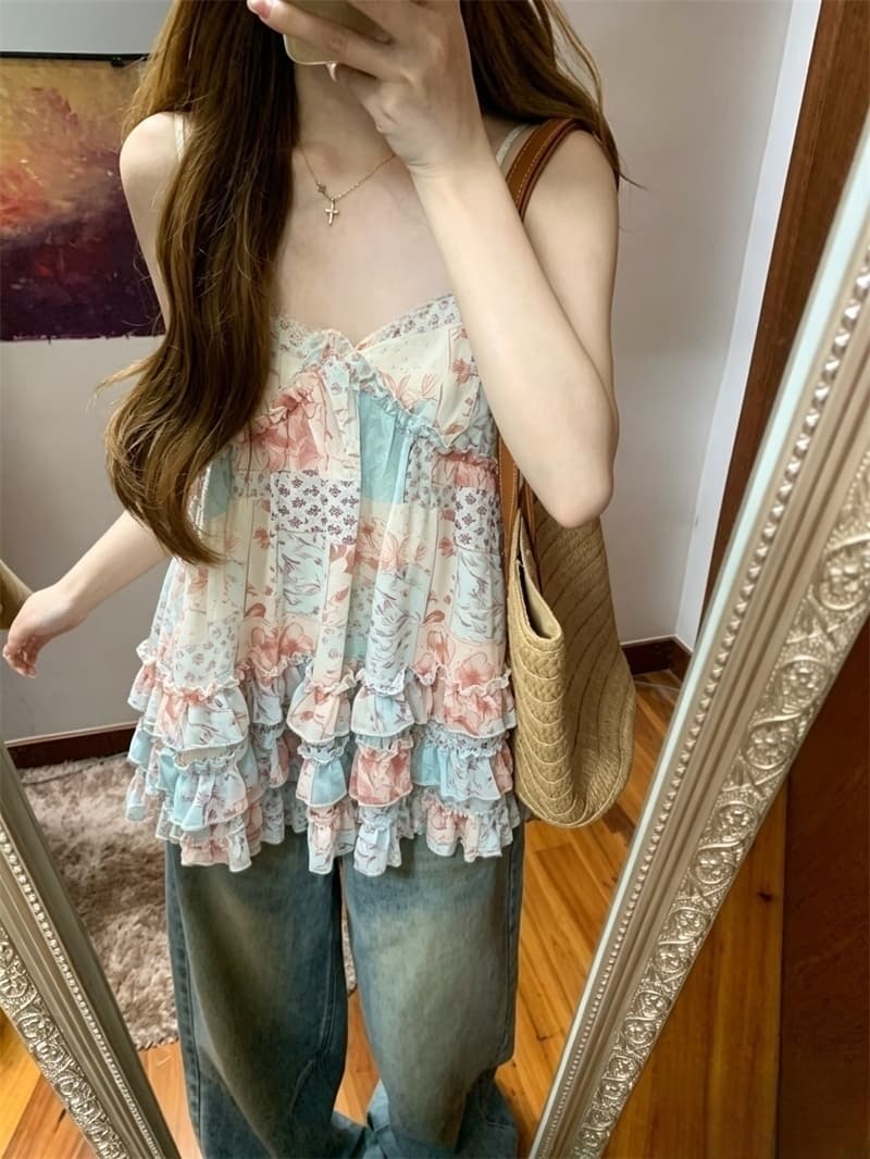 실사 한 부서 디자인 센스 한 마디 슬립 달콤함 다용도 패션 케이크 층 꽃무늬 캐미솔 외출용