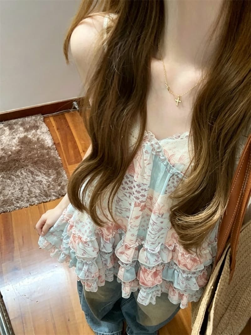 실사 한 부서 디자인 센스 한 마디 슬립 달콤함 다용도 패션 케이크 층 꽃무늬 캐미솔 외출용 상세 이미지 2