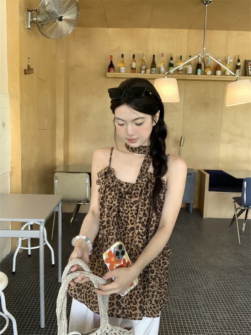 실사 레오파드 무늬 캐미솔 여름 디자인 센스 작은 대중 루즈핏 외출용 Chic 핫걸 슬림해 보이는 맨위 이미지 4