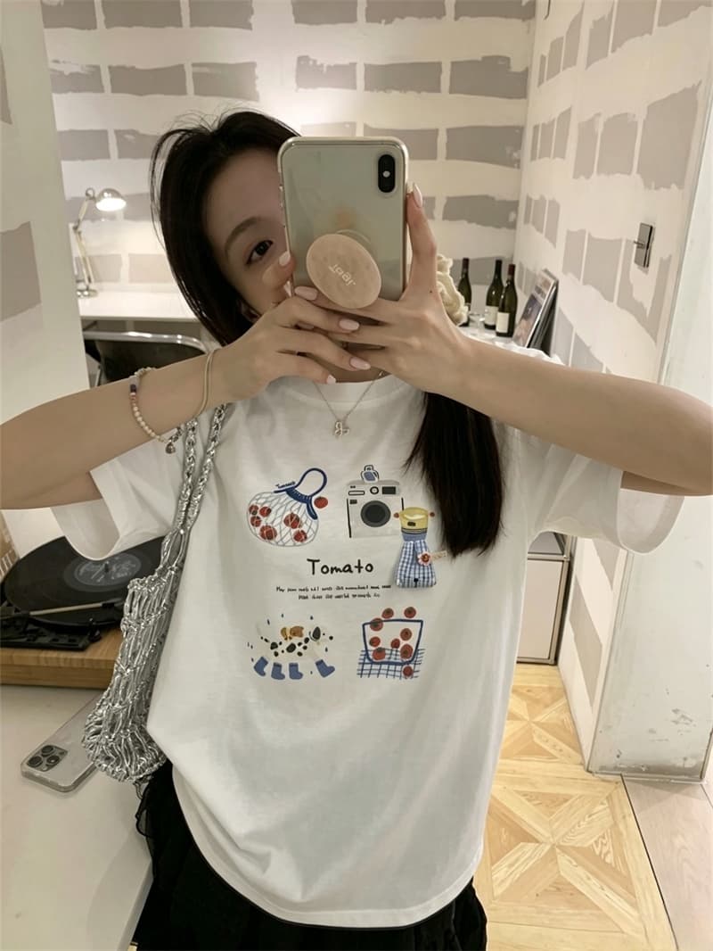 실사 여름 새로운 무거운 작업 귀여운 패턴 눈꽃 면 루즈핏 반팔 슬림해 보이는 티셔츠 여성 여성