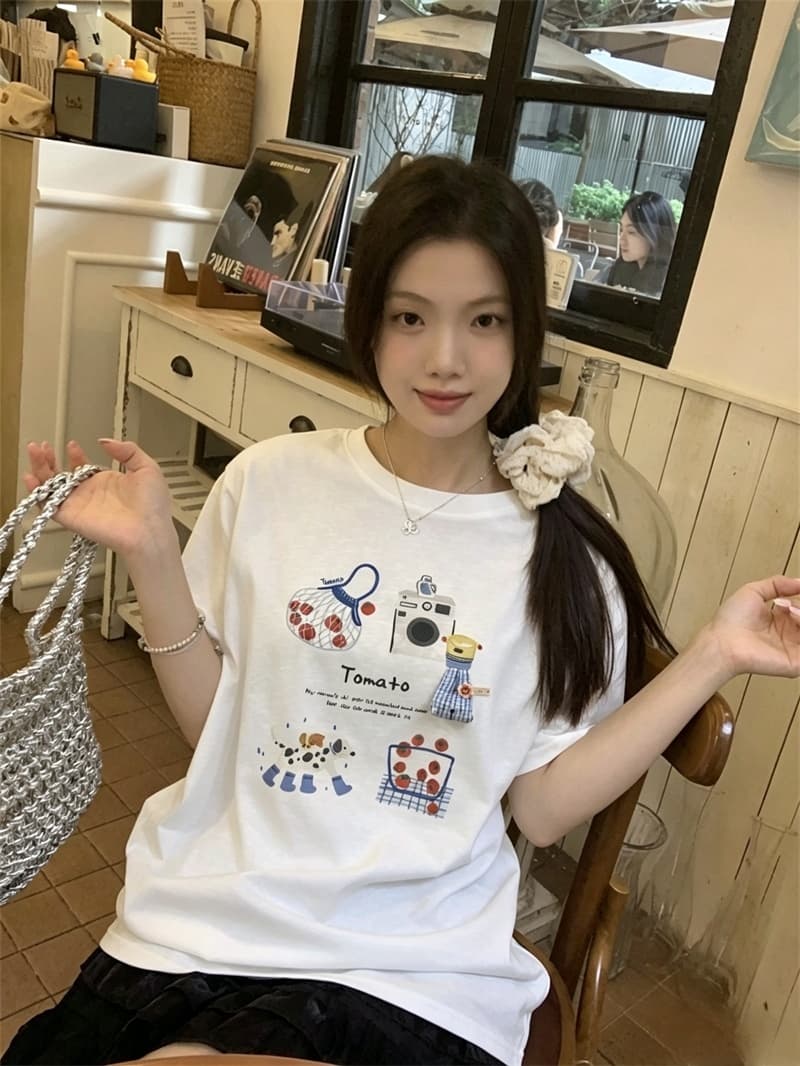 실사 여름 새로운 무거운 작업 귀여운 패턴 눈꽃 면 루즈핏 반팔 슬림해 보이는 티셔츠 여성 여성 상세 이미지 1
