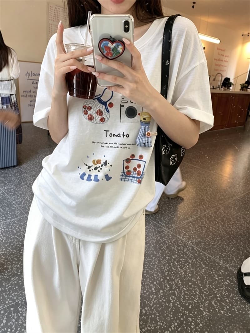 실사 여름 새로운 무거운 작업 귀여운 패턴 눈꽃 면 루즈핏 반팔 슬림해 보이는 티셔츠 여성 여성 상세 이미지 7