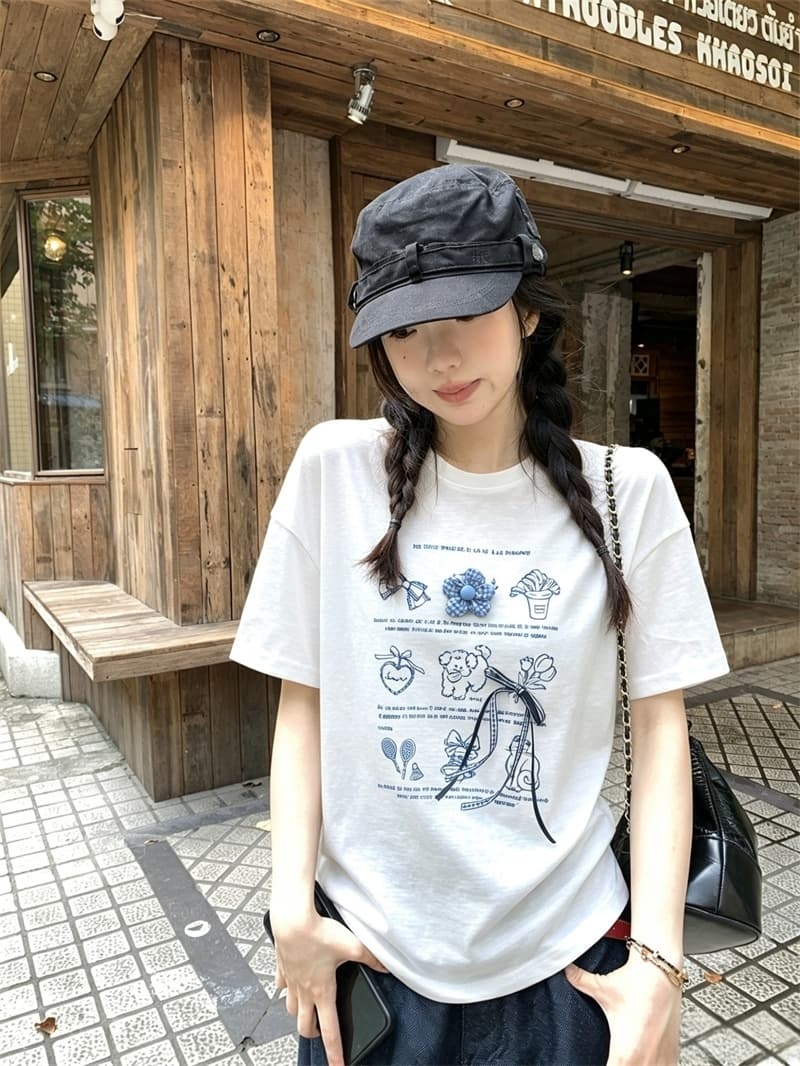 실사 여름 새로운 무거운 작업 귀여운 패턴 눈꽃 면 루즈핏 반팔 슬림해 보이는 티셔츠 여성 여성 상세 이미지 11