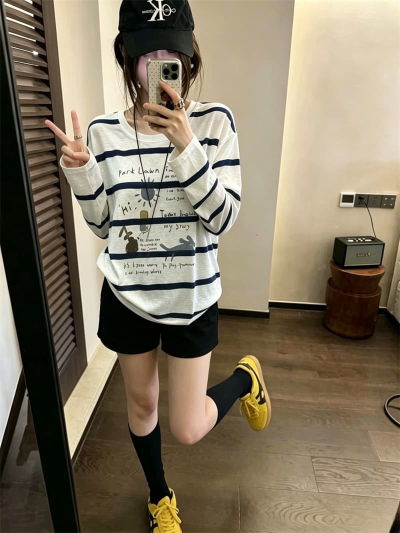 실사 여름 새로운 스트라이프 만화 자외선 차단 의류 긴팔 루즈핏 얇고 가벼운 티셔츠 여성 에어컨 셔츠 이미지 4