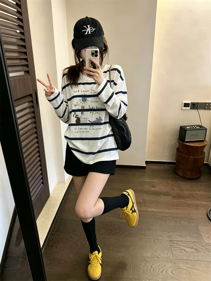 실사 여름 새로운 스트라이프 만화 자외선 차단 의류 긴팔 루즈핏 얇고 가벼운 티셔츠 여성 에어컨 셔츠 상세 이미지 3