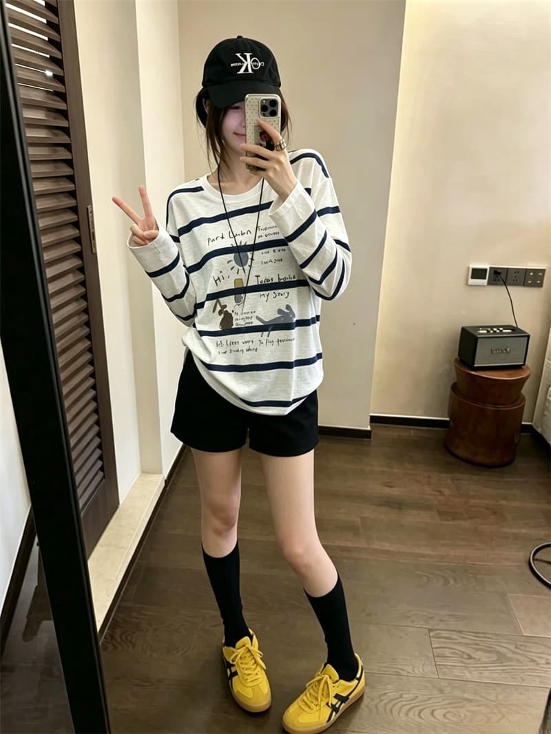 실사 여름 새로운 스트라이프 만화 자외선 차단 의류 긴팔 루즈핏 얇고 가벼운 티셔츠 여성 에어컨 셔츠 상세 이미지 9