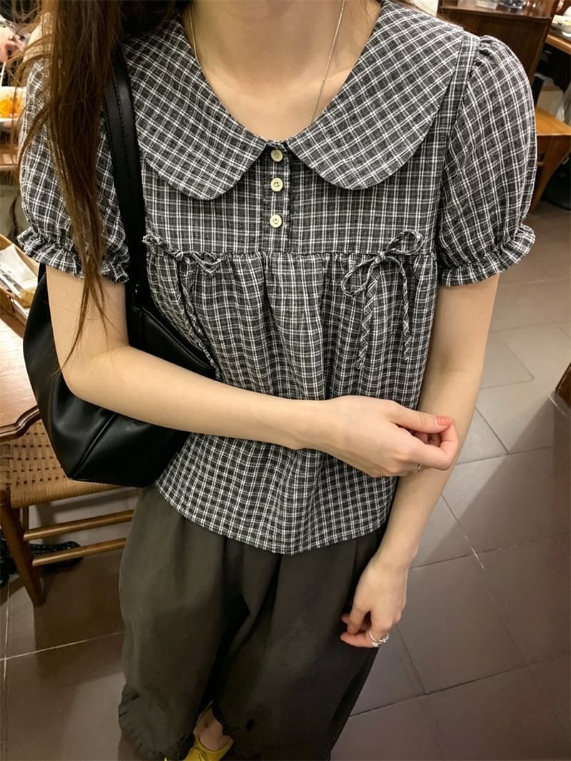 실사 한 부서 달콤함 베이비 칼라 체크무늬 셔츠 학원 스타일 맨위 슬림해 보이는 연령 감소 셔츠 여성 상세 이미지 1