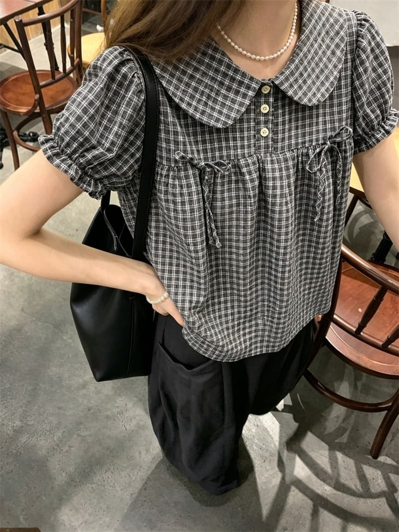 실사 한 부서 달콤함 베이비 칼라 체크무늬 셔츠 학원 스타일 맨위 슬림해 보이는 연령 감소 셔츠 여성 상세 이미지 2