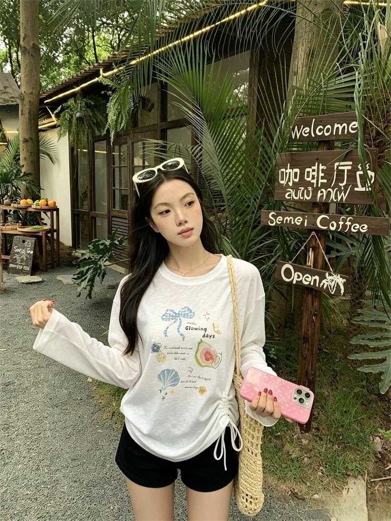 실사 여름 새로운 한국 스타일 루즈핏 다용도 프린트 자외선 차단 블라우스 얇은 스타일 긴팔 티셔츠 여성