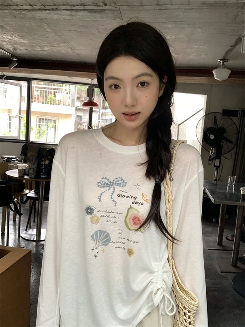 실사 여름 새로운 한국 스타일 루즈핏 다용도 프린트 자외선 차단 블라우스 얇은 스타일 긴팔 티셔츠 여성 상세 이미지 3