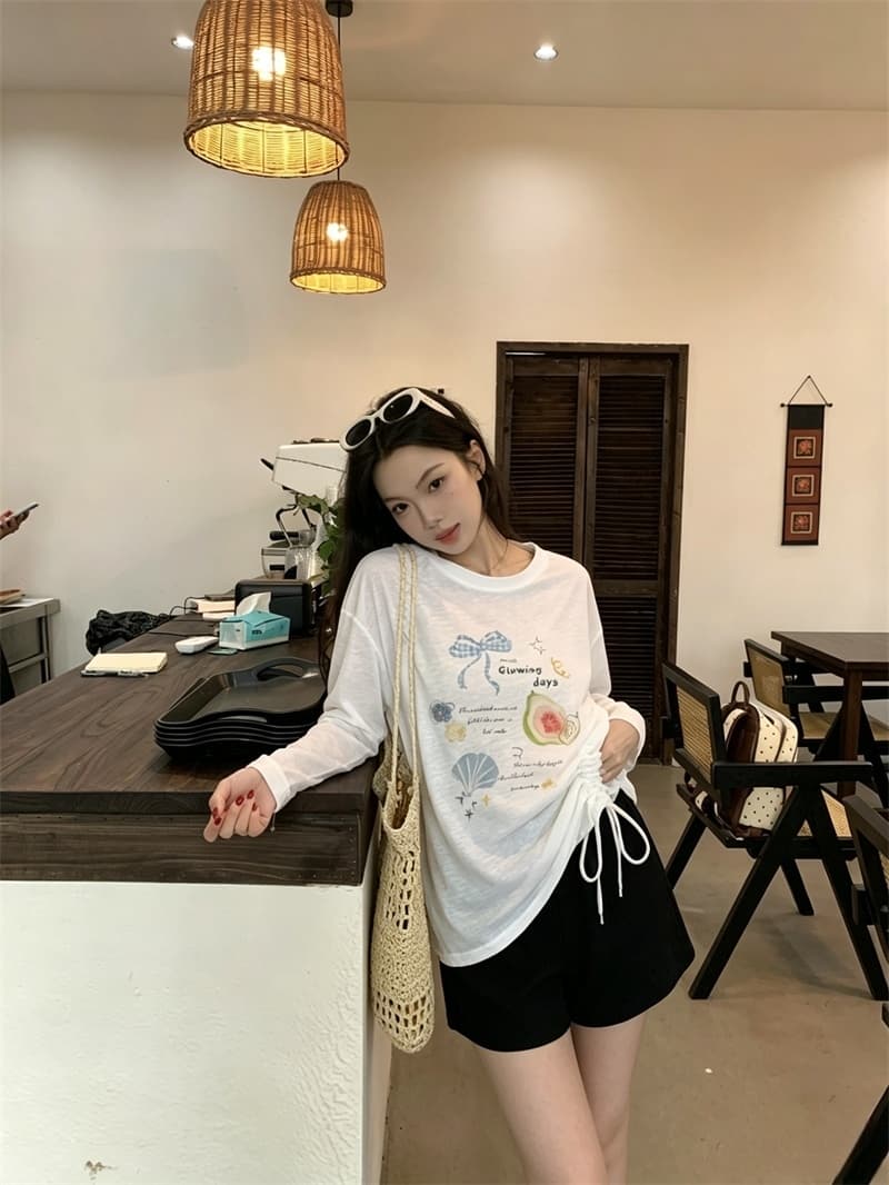 실사 여름 새로운 한국 스타일 루즈핏 다용도 프린트 자외선 차단 블라우스 얇은 스타일 긴팔 티셔츠 여성 상세 이미지 5