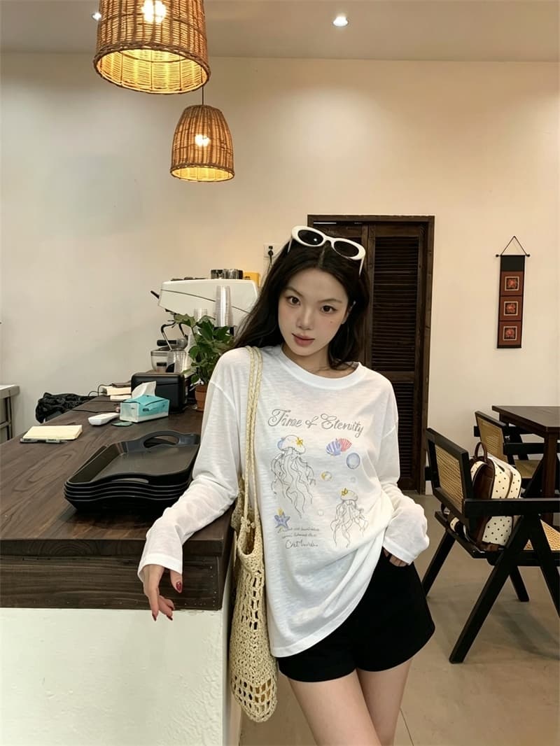 실사 여름 새로운 한국 스타일 루즈핏 다용도 프린트 자외선 차단 블라우스 얇은 스타일 긴팔 티셔츠 여성 상세 이미지 18
