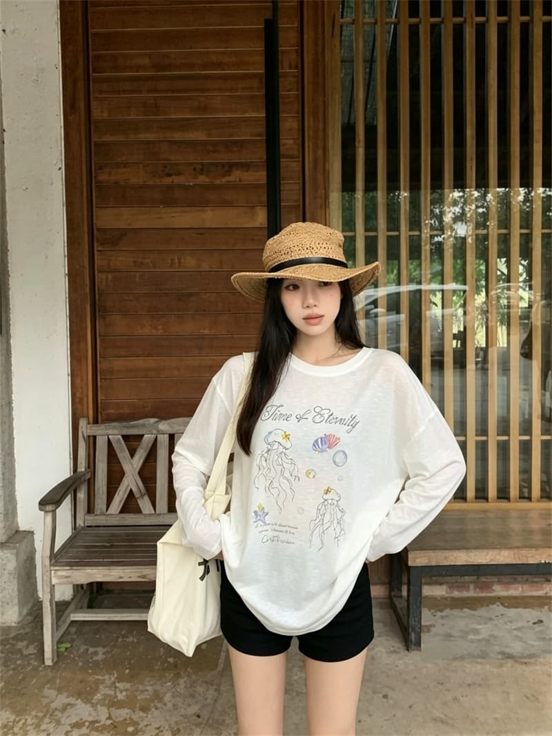 실사 여름 새로운 한국 스타일 루즈핏 다용도 프린트 자외선 차단 블라우스 얇은 스타일 긴팔 티셔츠 여성 상세 이미지 21