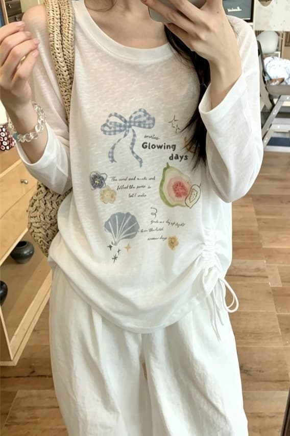 실사 여름 새로운 한국 스타일 루즈핏 다용도 프린트 자외선 차단 블라우스 얇은 스타일 긴팔 티셔츠 여성 이미지 6