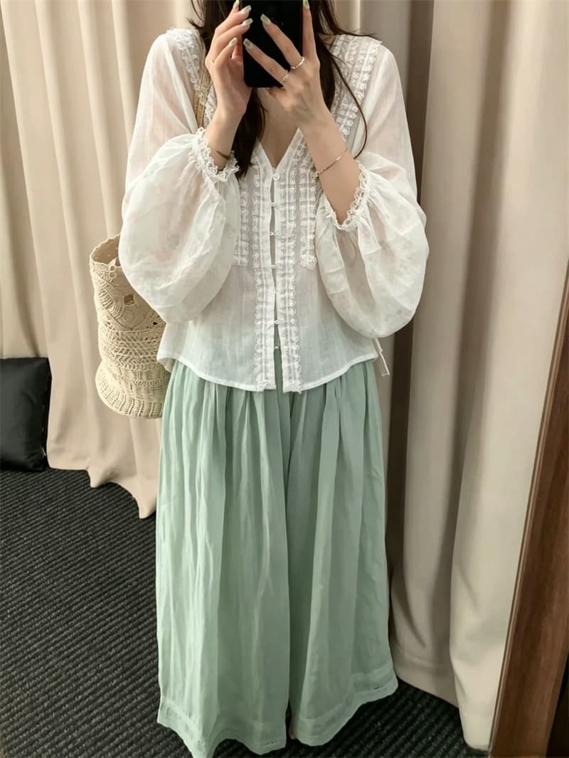 실사 한 부서 달콤함 레이스 얇은 셔츠 레이스 자외선 차단 블라우스 긴팔 여름 셔츠 여성