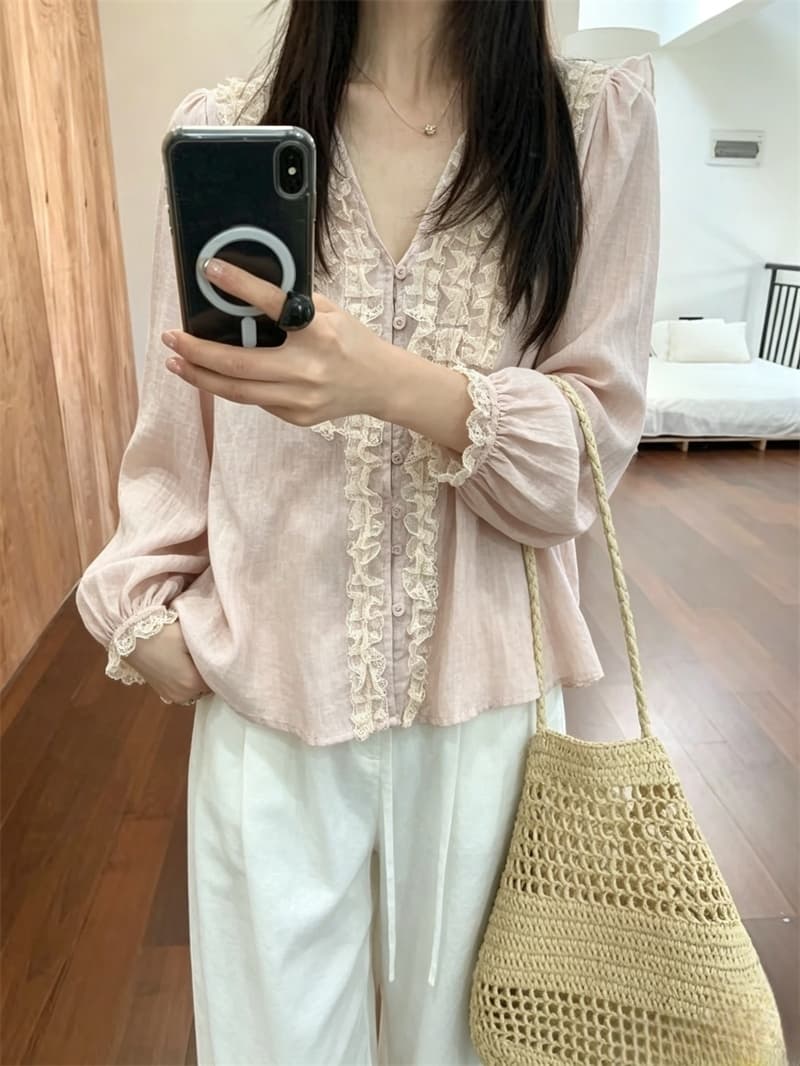 실사 한 부서 달콤함 레이스 얇은 셔츠 레이스 자외선 차단 블라우스 긴팔 여름 셔츠 여성 상세 이미지 6